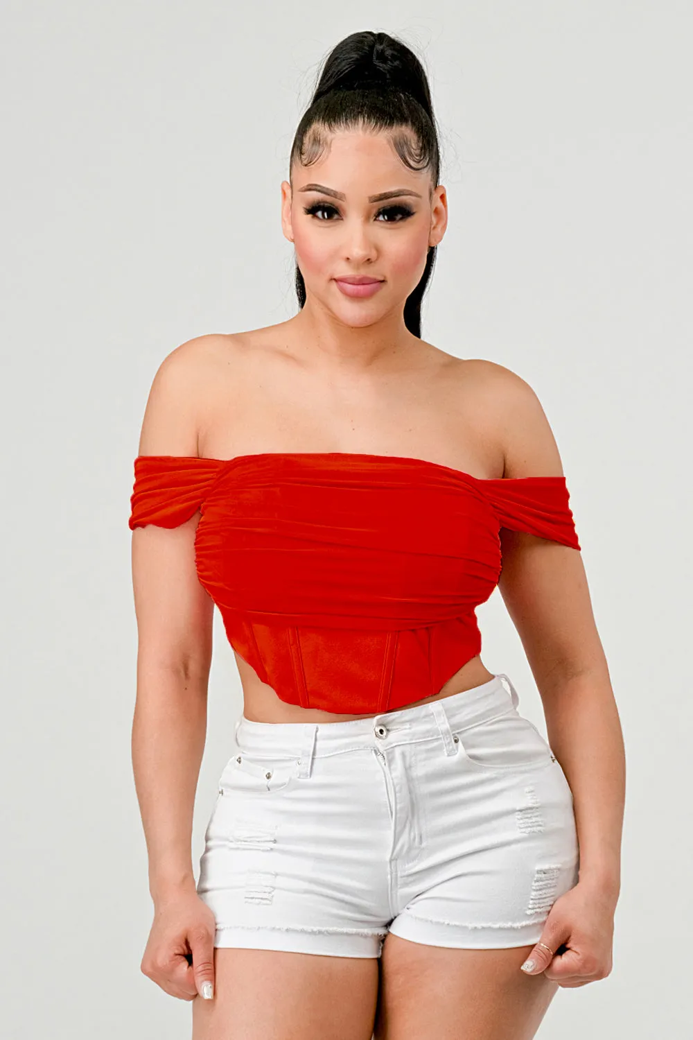 LUXE OFF SHOULDER MESH COVER LAYERED BUSTIER TOP sold by privy