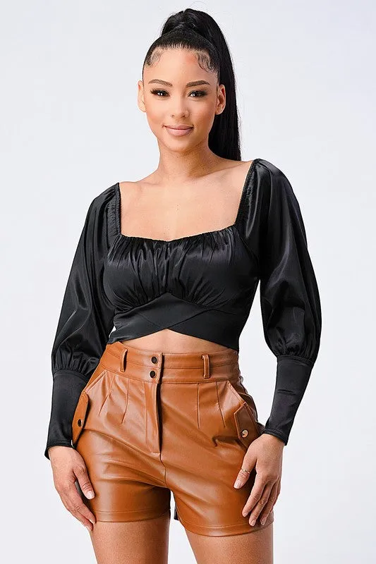 SEXY SATIN SWEETHEART CROSSED HEM CROPPED BLOUSE sold by privy