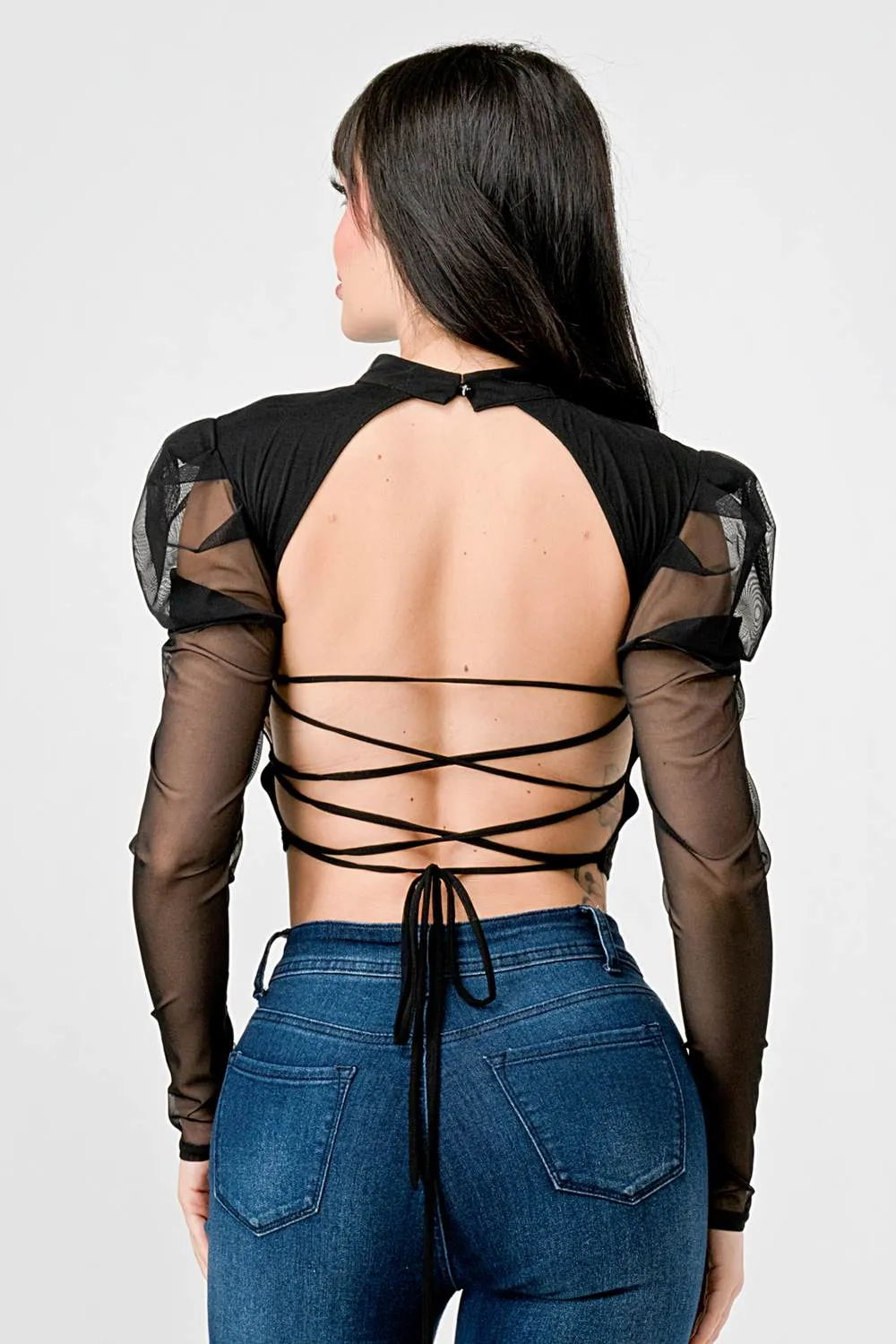 LUXE MESH MOCK CONTRAST DRAWSTRING LACE BACK TOP sold by privy product image thumbnail 3