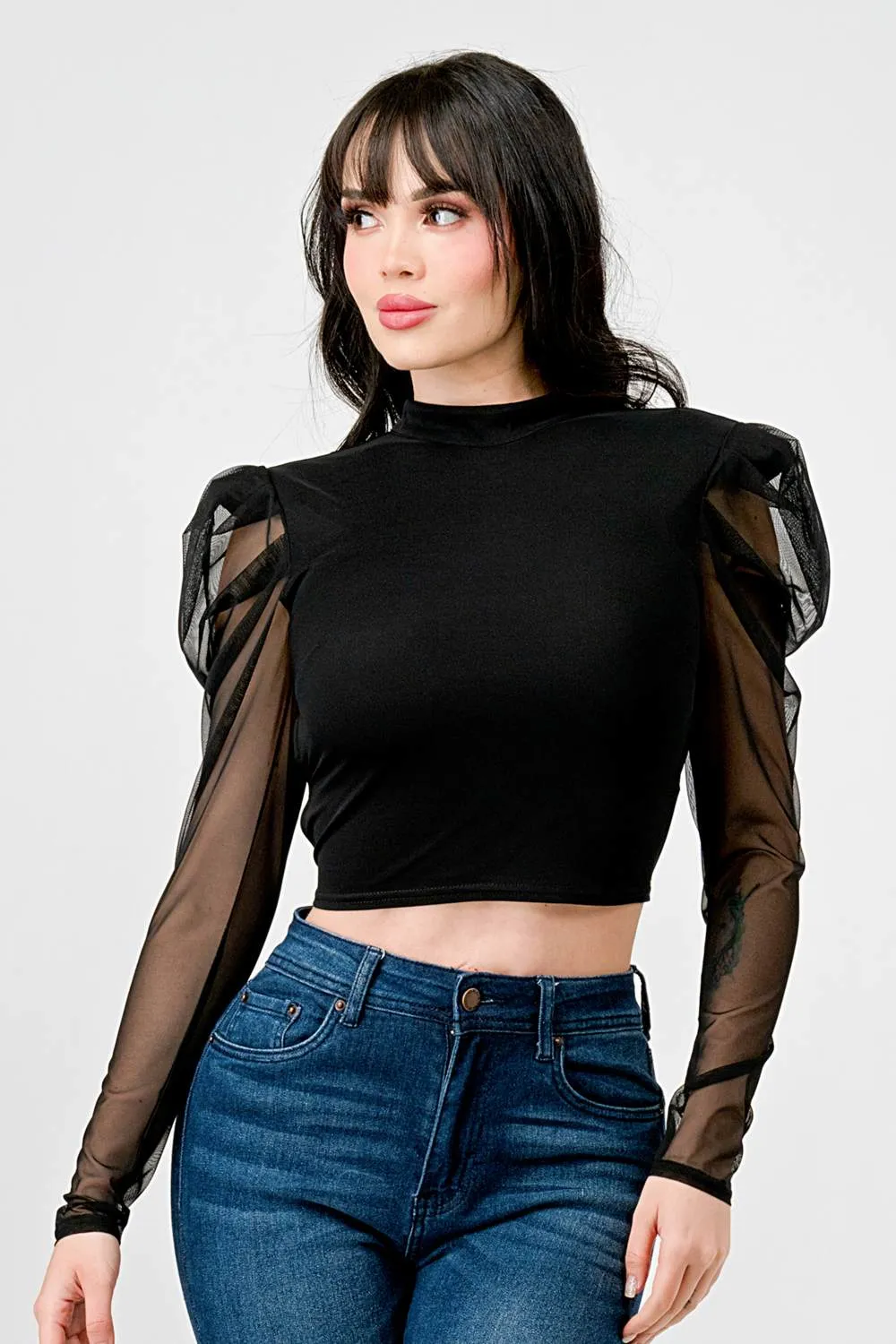 LUXE MESH MOCK CONTRAST DRAWSTRING LACE BACK TOP sold by privy