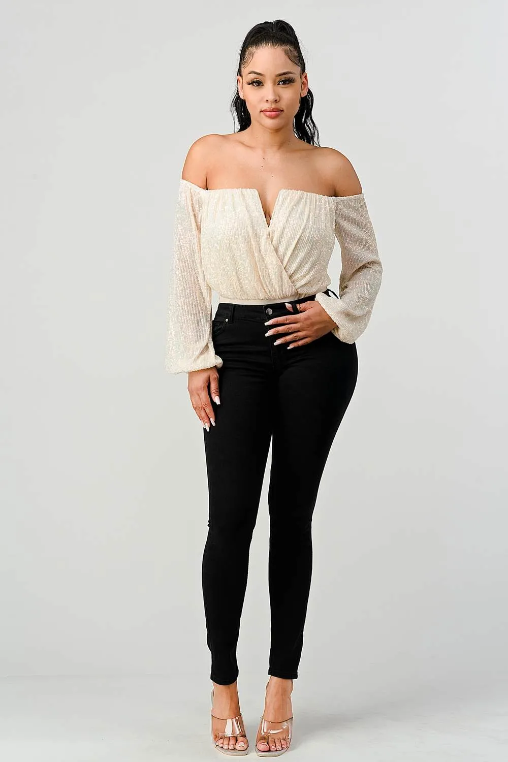 LUXE SEQUINS OFF SHOULDER V-WIRED FRONT BODYSUIT sold by privy product image thumbnail 4