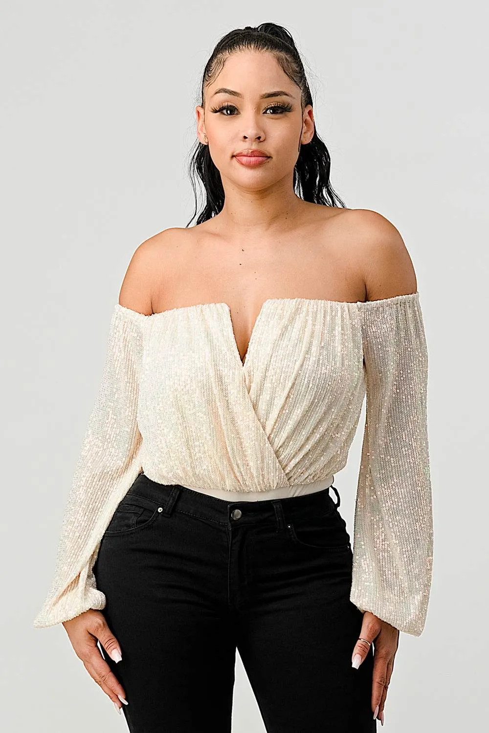 LUXE SEQUINS OFF SHOULDER V-WIRED FRONT BODYSUIT sold by privy