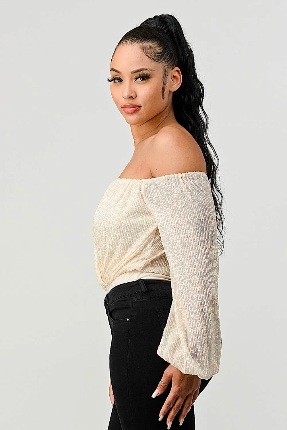 LUXE SEQUINS OFF SHOULDER V-WIRED FRONT BODYSUIT sold by privy product image thumbnail 2