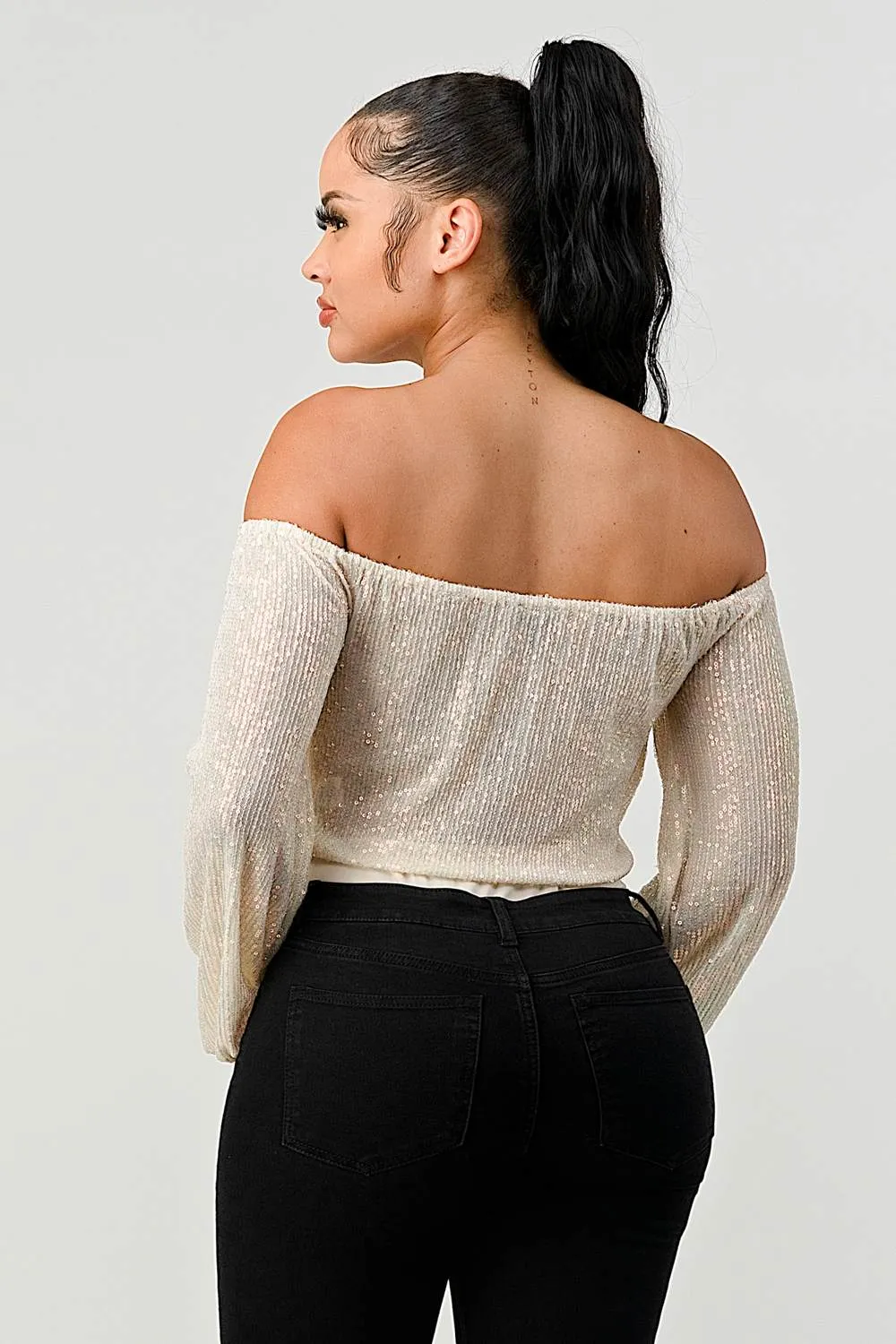 LUXE SEQUINS OFF SHOULDER V-WIRED FRONT BODYSUIT sold by privy product image thumbnail 3