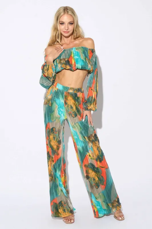 CHIC ABSTRACT PRINT PLEATED TUBE TOP & PANTS SET sold by privy