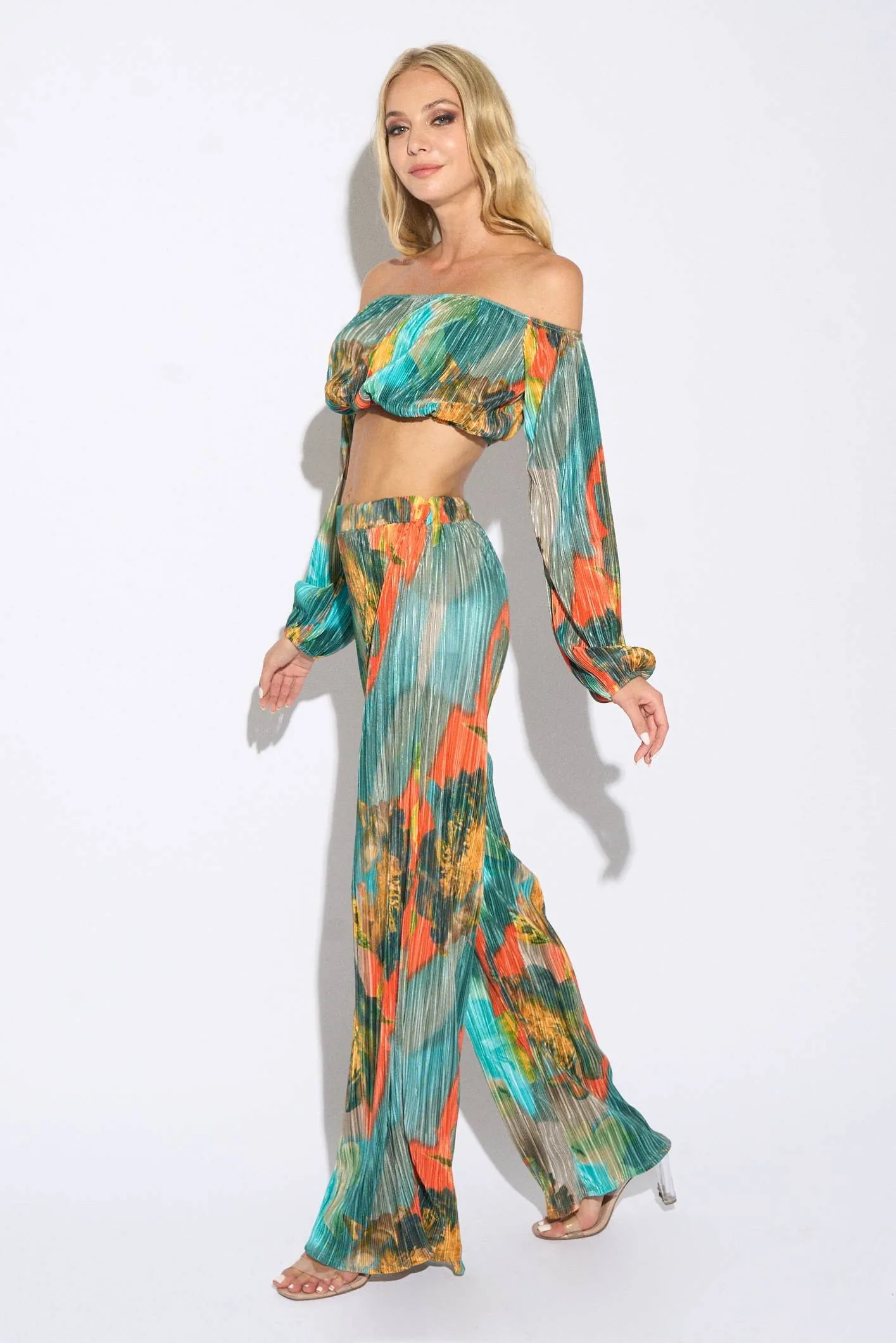 CHIC ABSTRACT PRINT PLEATED TUBE TOP & PANTS SET sold by privy product image thumbnail 2