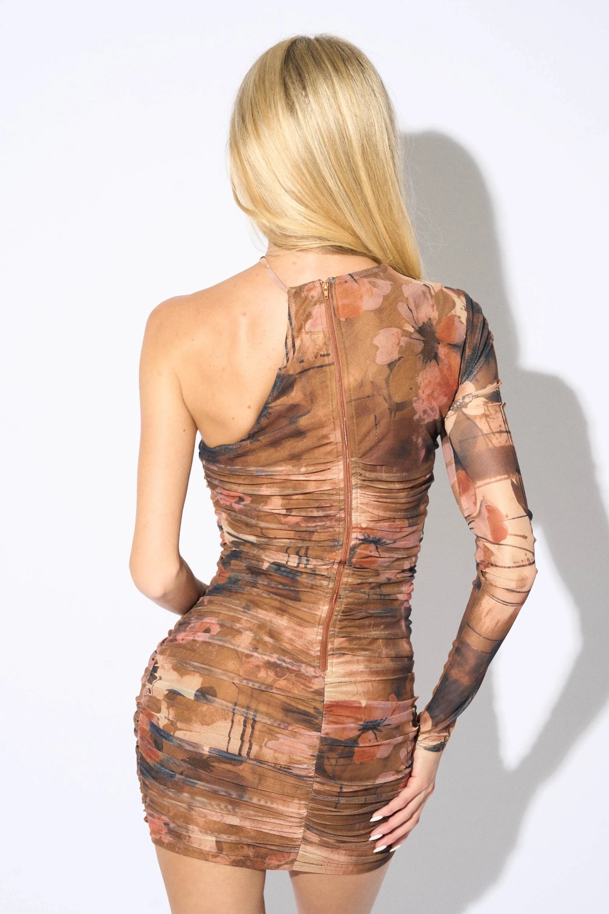 FLORAL ABSTRACT PRINT MESH ONE SHOULDER MINI DRESS sold by privy product image thumbnail 3