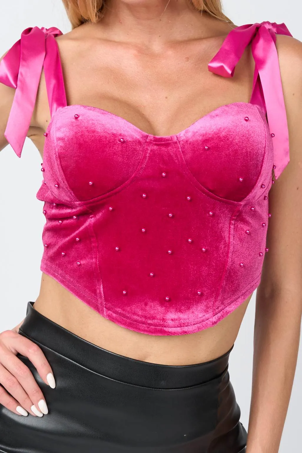 PT44869BTP / VELVET WITH PEARL BOW TIE STRAPS BUSTIER CROP TOP sold by privy product image thumbnail 5
