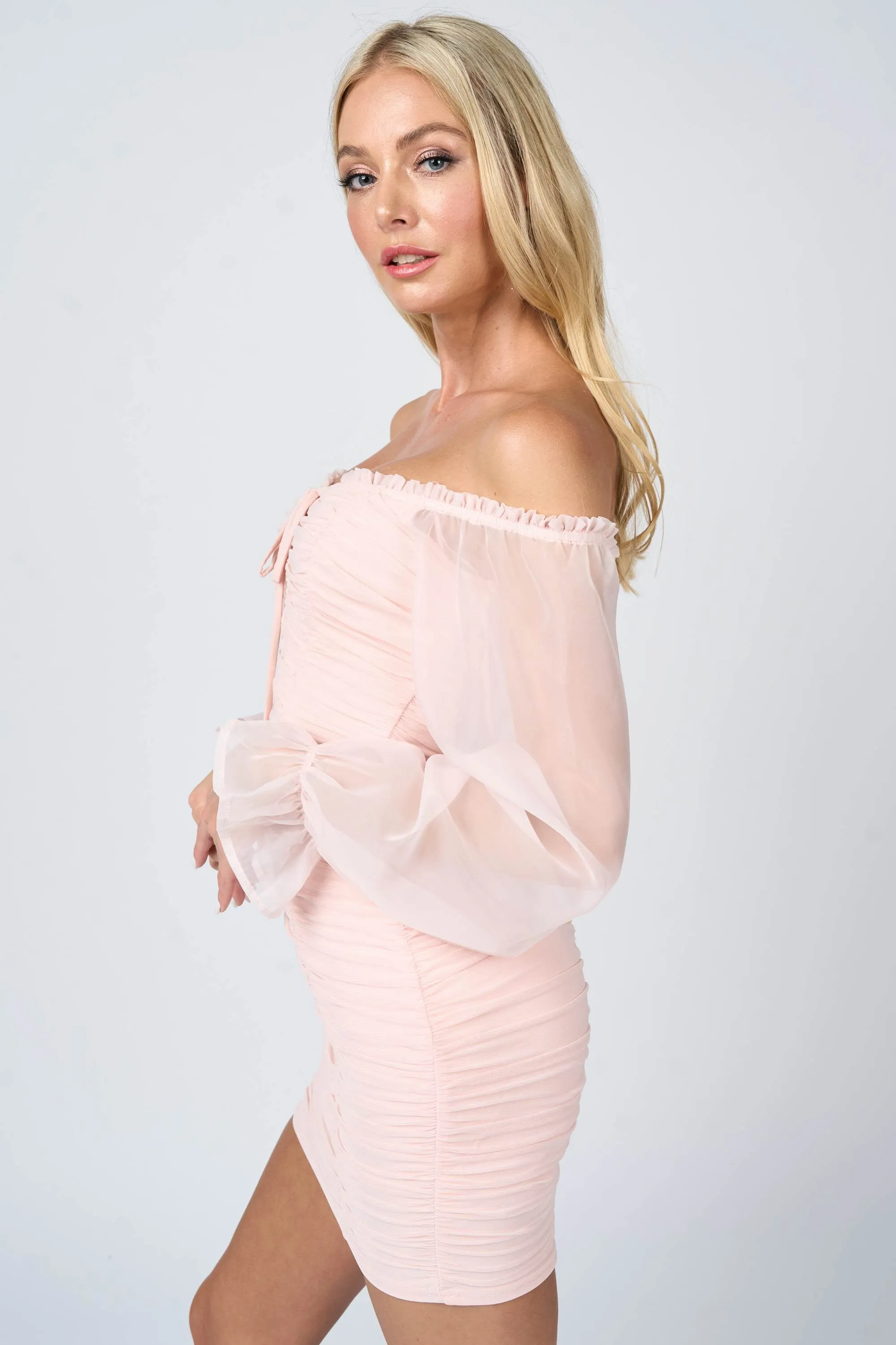 LUXE MESH RUFFLED OFF SHOULDER RUCHED MINI DRESS sold by privy product image thumbnail 2