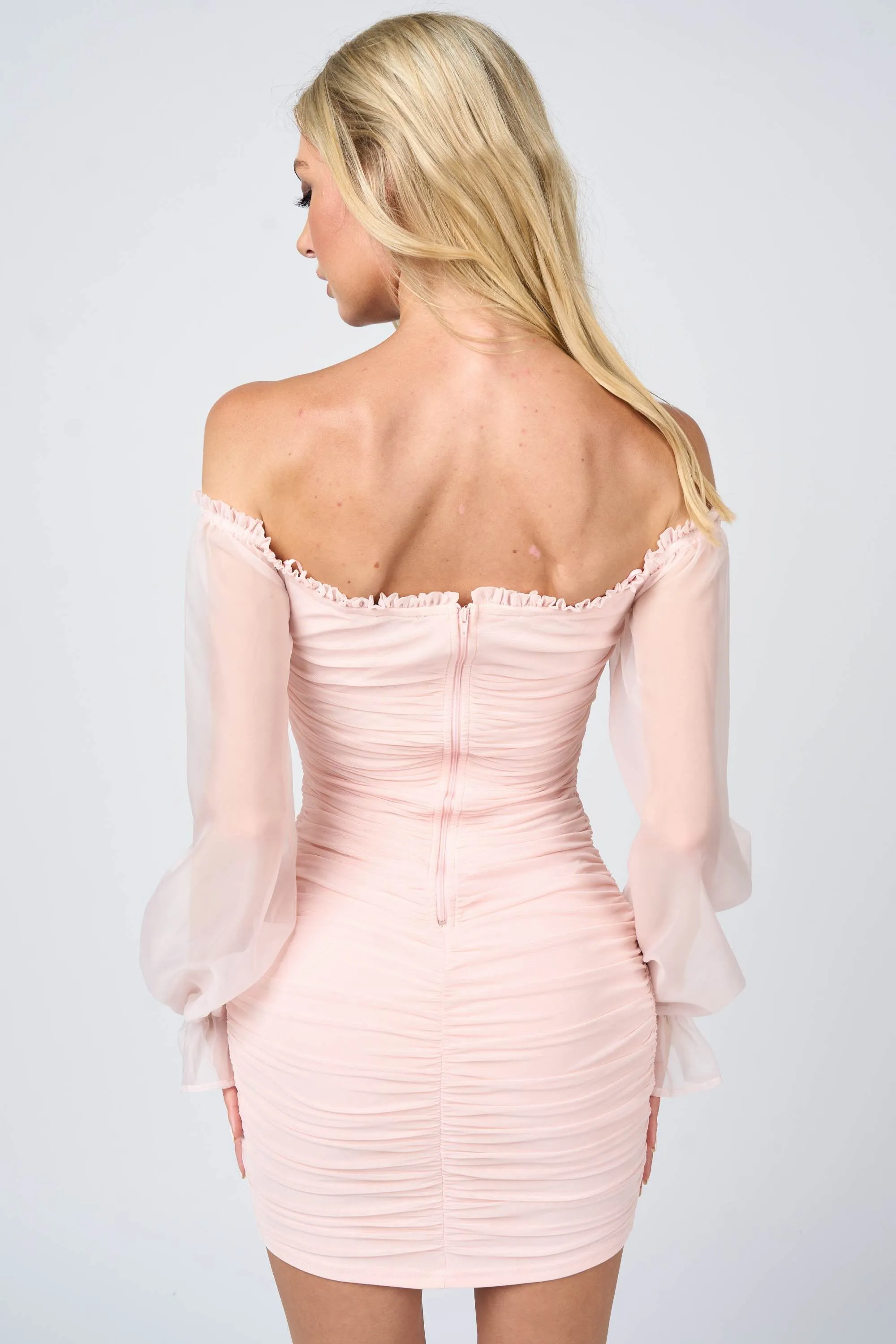LUXE MESH RUFFLED OFF SHOULDER RUCHED MINI DRESS sold by privy product image thumbnail 3