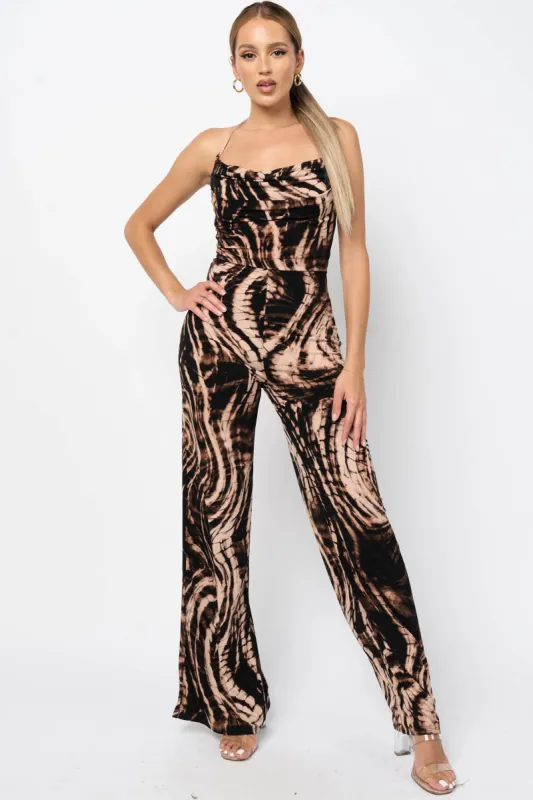 CHIC ABSTRACT PRINT ITY COWL NECK JUMPSUIT sold by privy