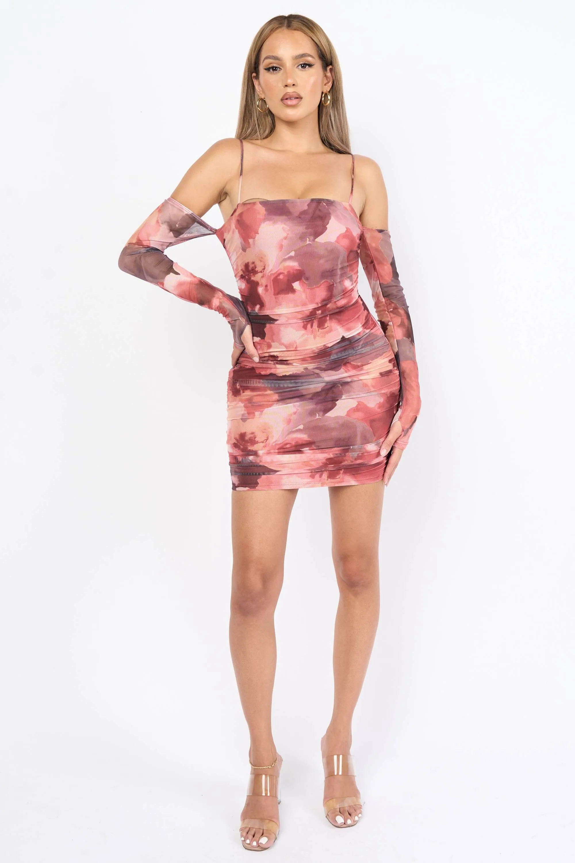 FLORAL PRINT MESH LONG SLEEVES BODYCON MINI DRESS sold by privy product image thumbnail 4