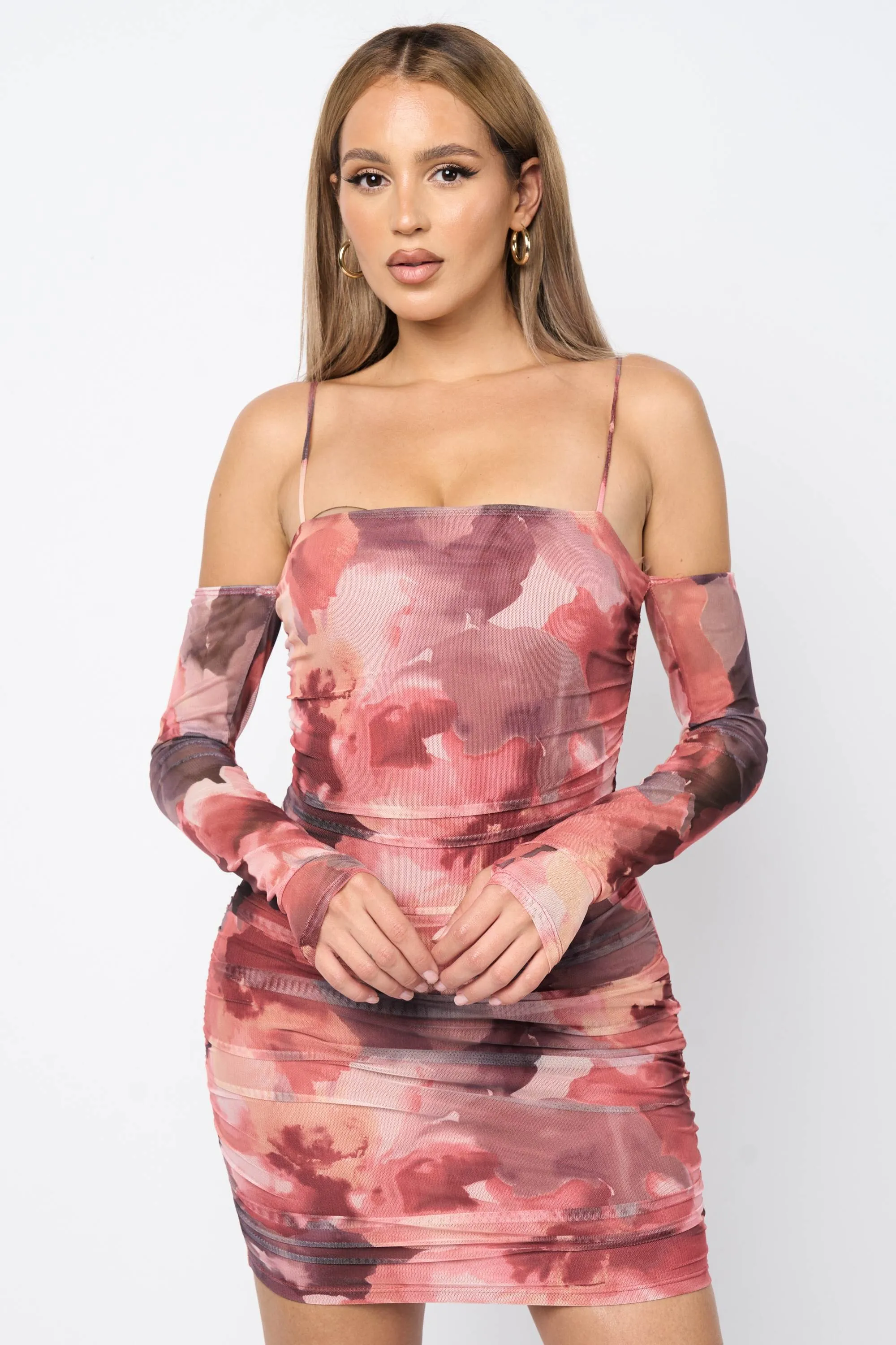 FLORAL PRINT MESH LONG SLEEVES BODYCON MINI DRESS sold by privy