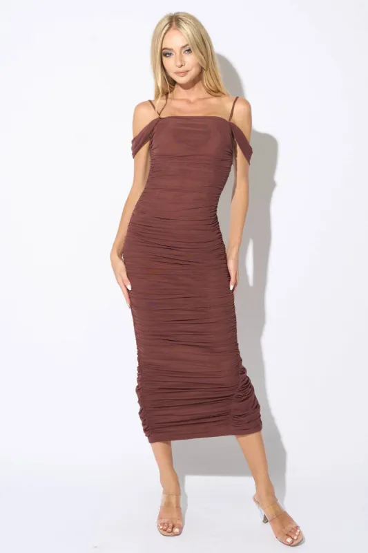 LUXE MESH OFF SHOULDER RUCHED MIDI DRESS sold by privy