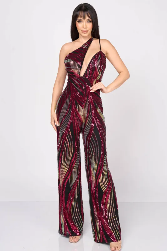 LUXE ABSTRACT SEQUINS CUTOUT ONE SHOULDER JUMPSUIT sold by privy