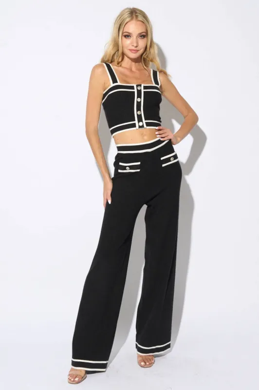 RIB SWEATER CAMI CROPPED TOP & WIDE LEGS PANTS SET made by privy