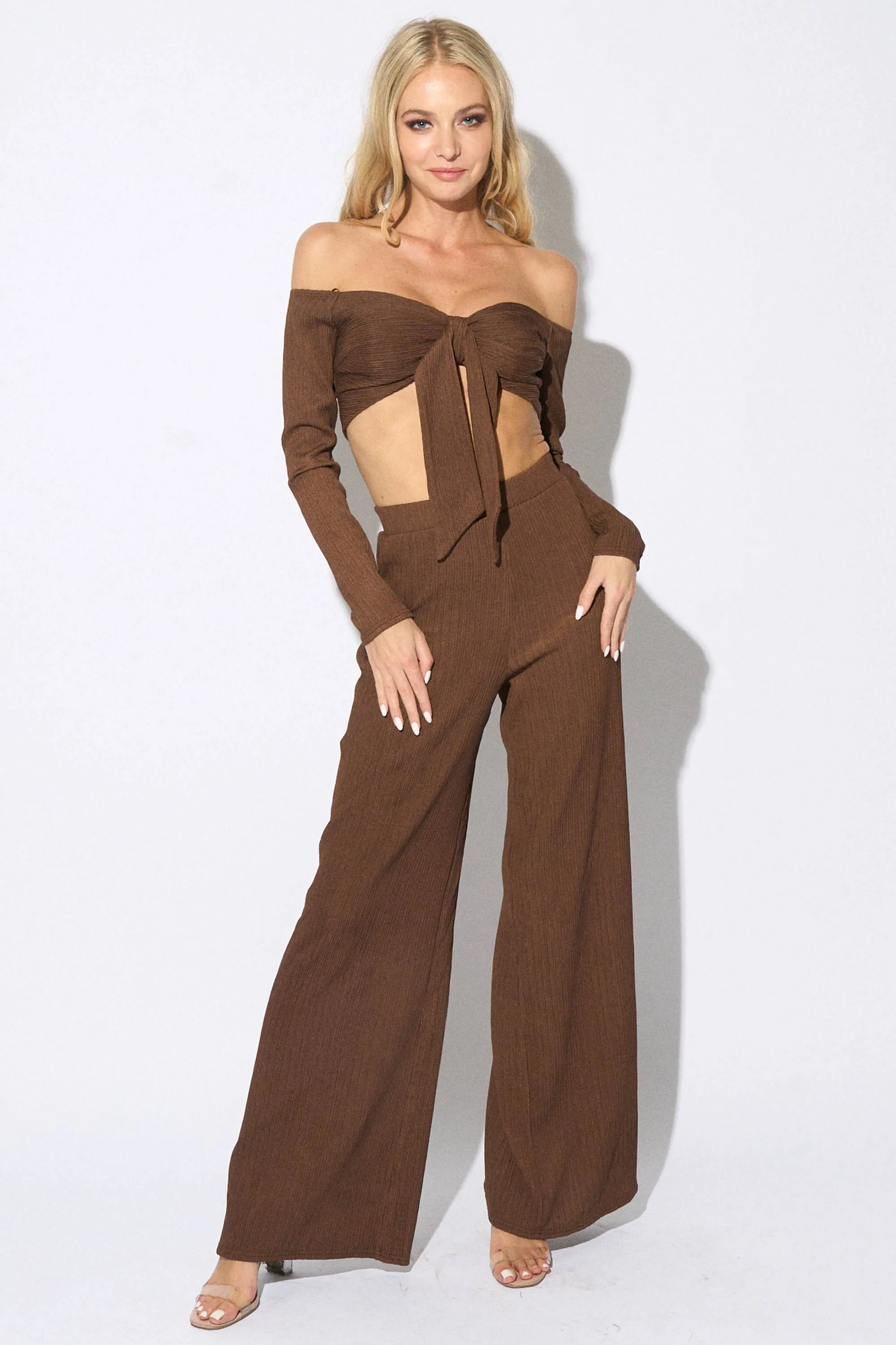CHIC TEXTURE KNIT CROPPED TOP & WIDE LEG PANTS SET sold by privy