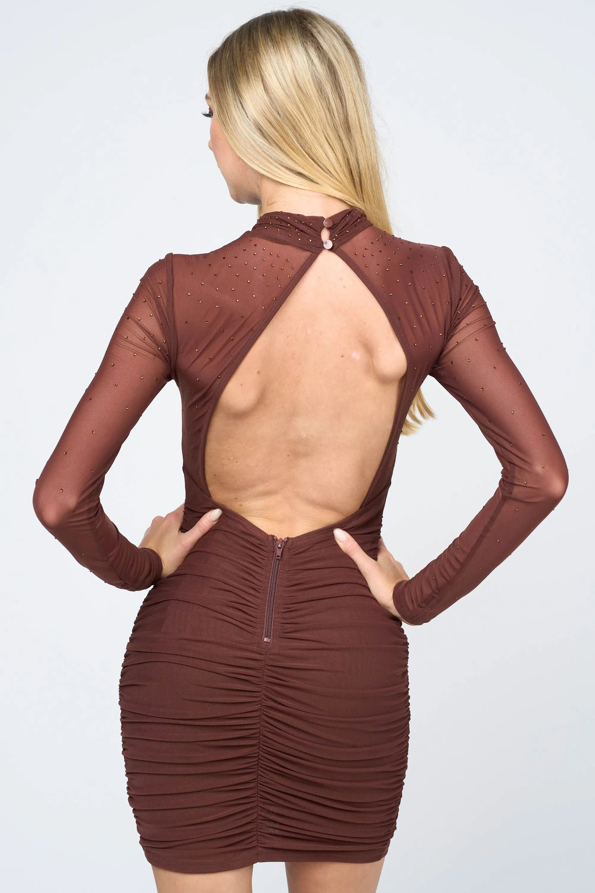 CHIC MESH HOTFIXS EMBELLISHED OPEN BACK MINI DRESS sold by privy product image thumbnail 3