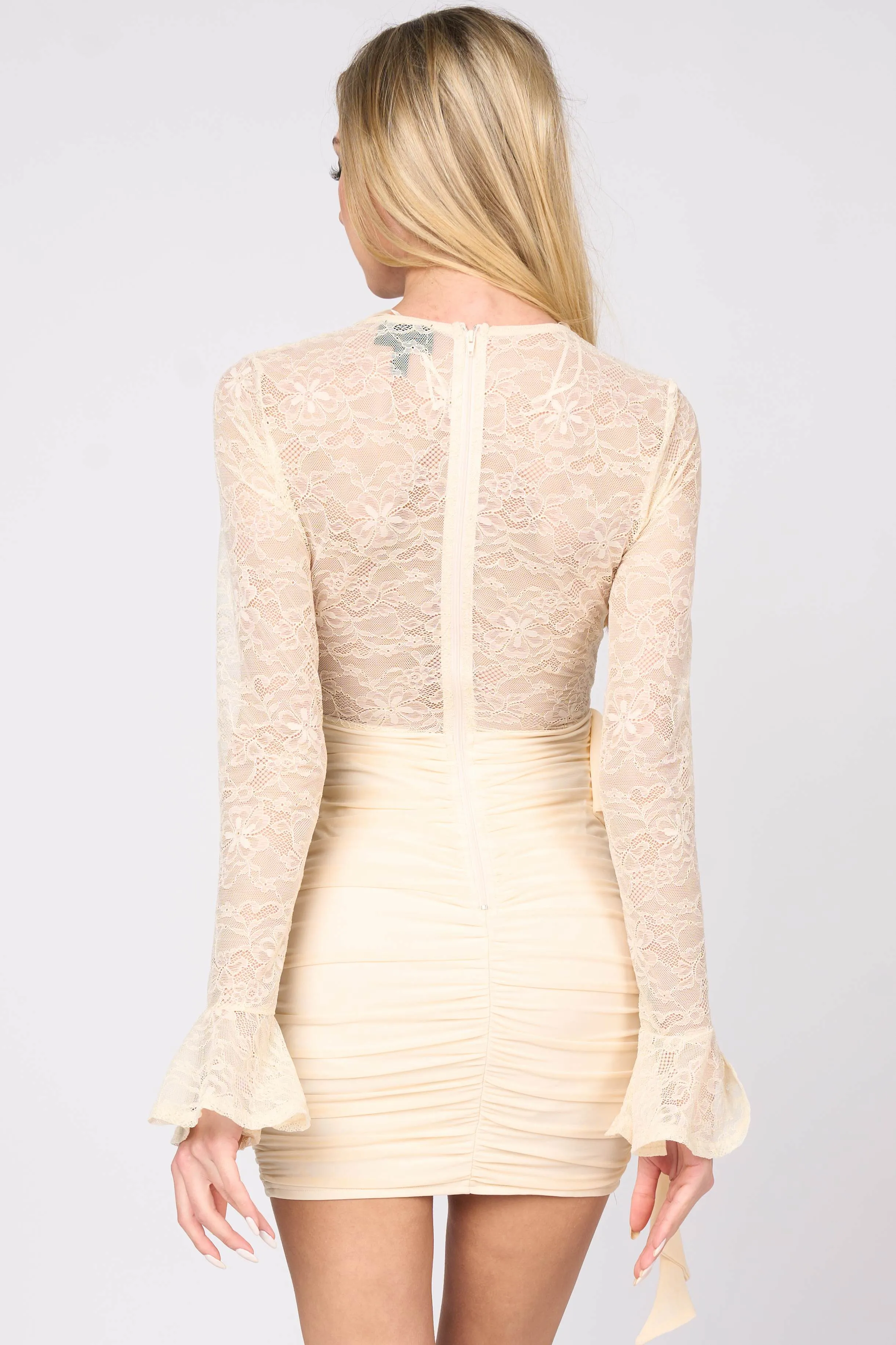 LUXE LACE V-NECK MESH SIDE DRAPED MINI DRESS sold by privy product image thumbnail 4