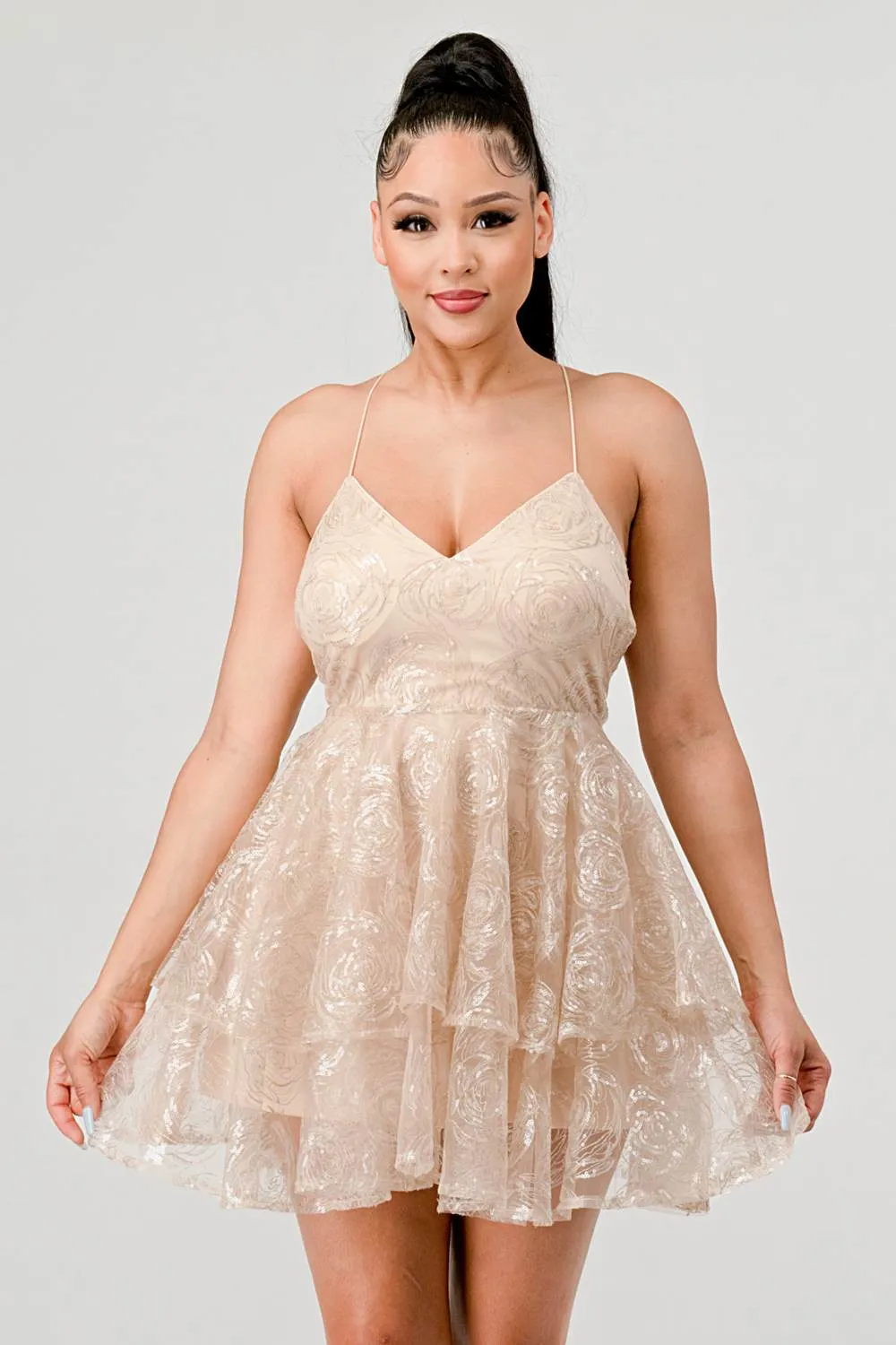 ROSE PATTERN SEQUINS DRAWSTRING TULLE MINI DRESS sold by privy product image thumbnail 2