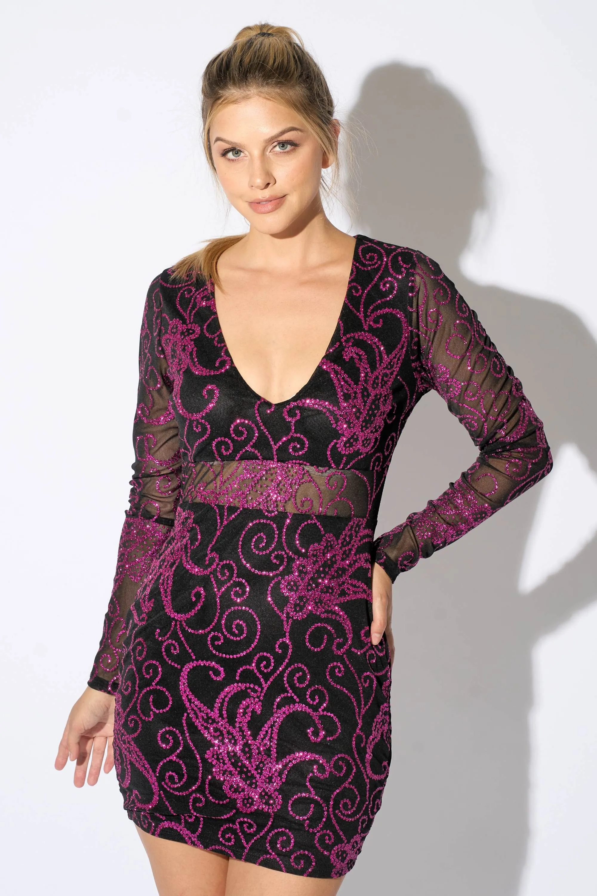 MPD1159-A / LUXE MESH SEQUINS PATTERN SEE-THRU MINI DRESS sold by privy