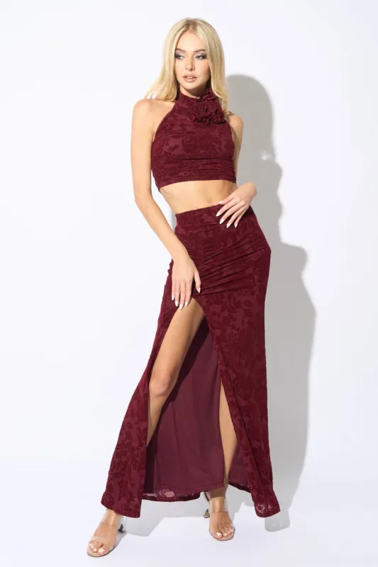 LUX FLORAL VELVET FLOCKING ROSETTE TOP & SKIRT SET sold by privy