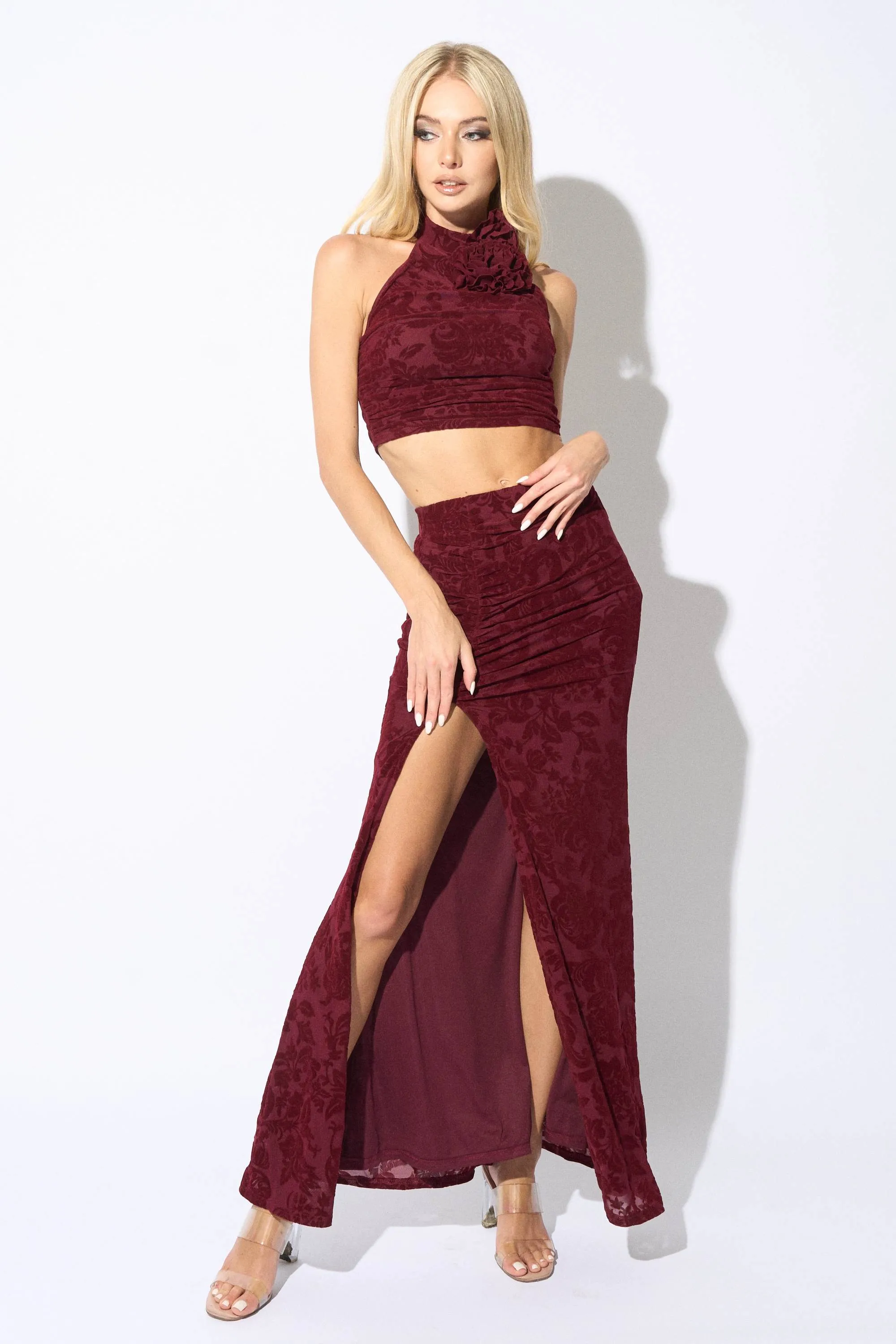 LUX FLORAL VELVET FLOCKING ROSETTE TOP & SKIRT SET sold by privy