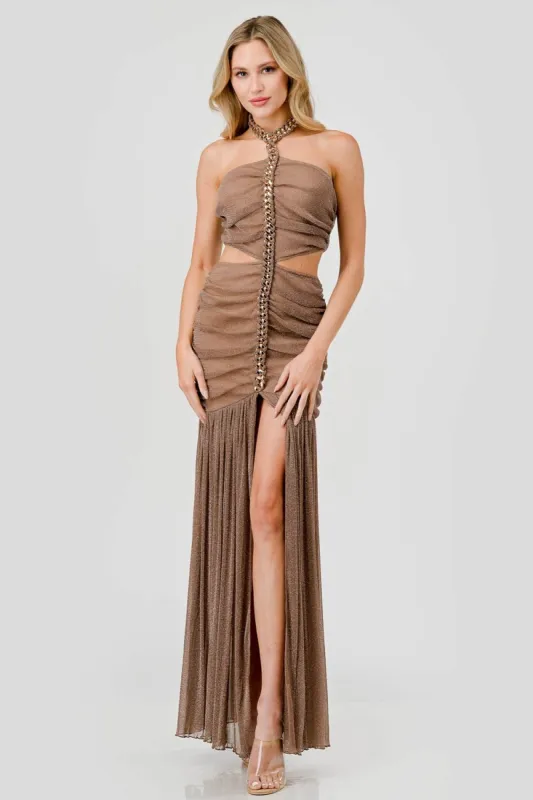 LUXE LUREX MESH GOLD CHAIN GODDESS MAXI DRESS sold by privy