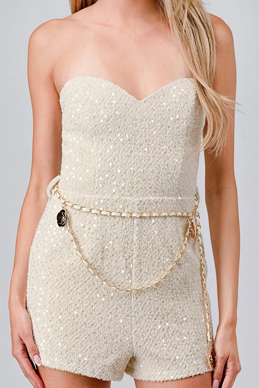 AJ1083B / LUXE SEQUINS TWEED WITH CHAIN WAIST BELT ROMPER sold by privy product image thumbnail 5