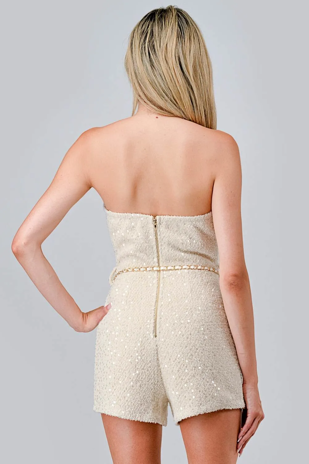 AJ1083B / LUXE SEQUINS TWEED WITH CHAIN WAIST BELT ROMPER sold by privy product image thumbnail 3
