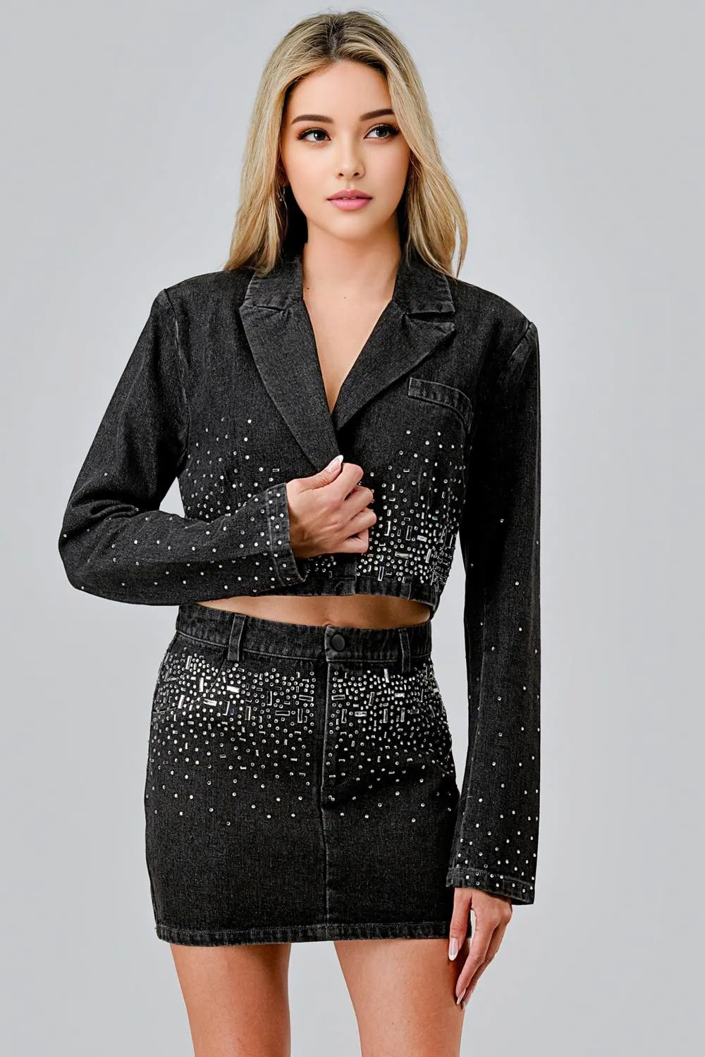 AS5065E / DENIM HOTFIX EMBELLISHED JACKET & MINI SKIRT SETS sold by privy