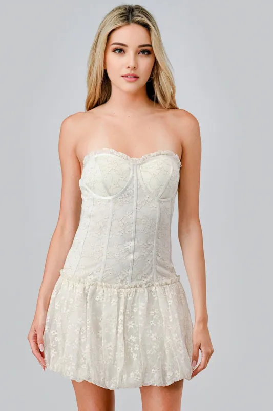 AD3972N / METALLIC LACE RUFFLED TRIM BUBBLE TUBE MINI DRESS sold by privy