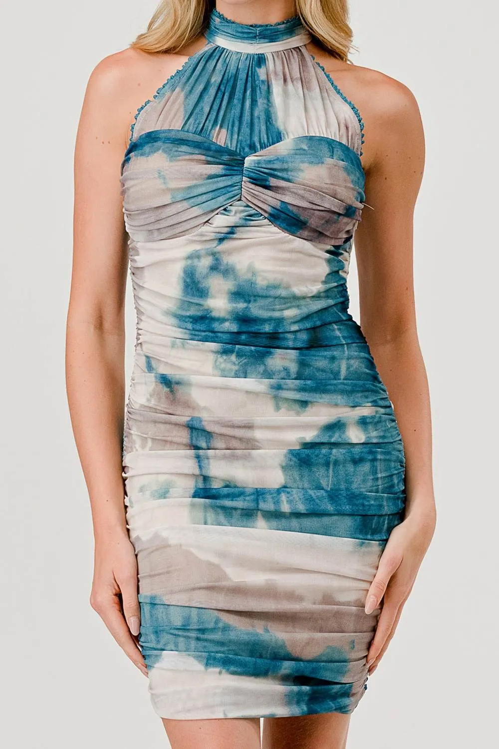 AD3601B / TIE DYE PRINT MESH W/ LACE TRIM HALTER MINI DRESS sold by privy product image thumbnail 5
