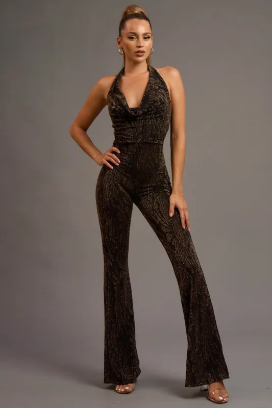 CHIC LUREX COWL HALTER NECK BACKLESS JUMPSUIT sold by privy