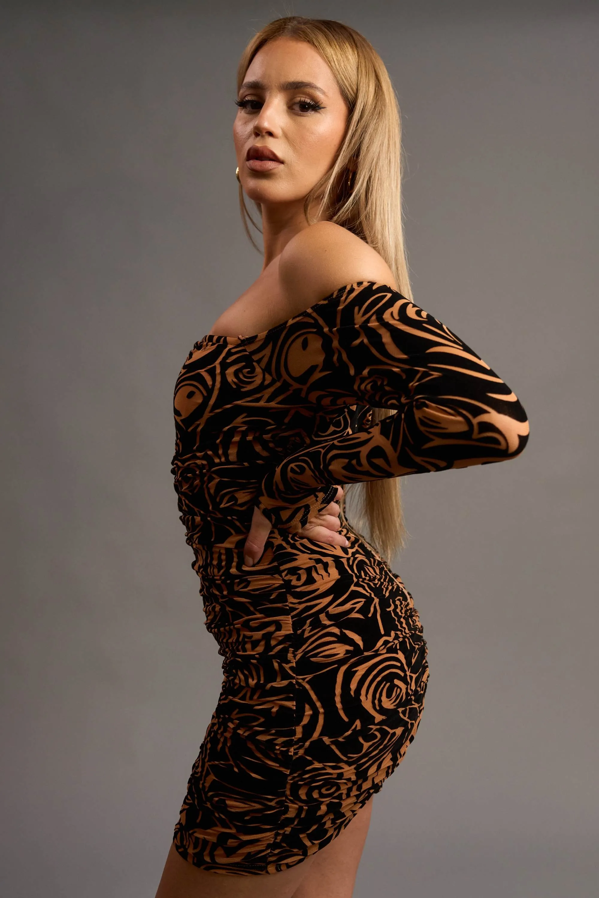 LUXE MESH VELVET BURNOUT OFF SHOULDER MINI DRESS sold by privy product image thumbnail 2