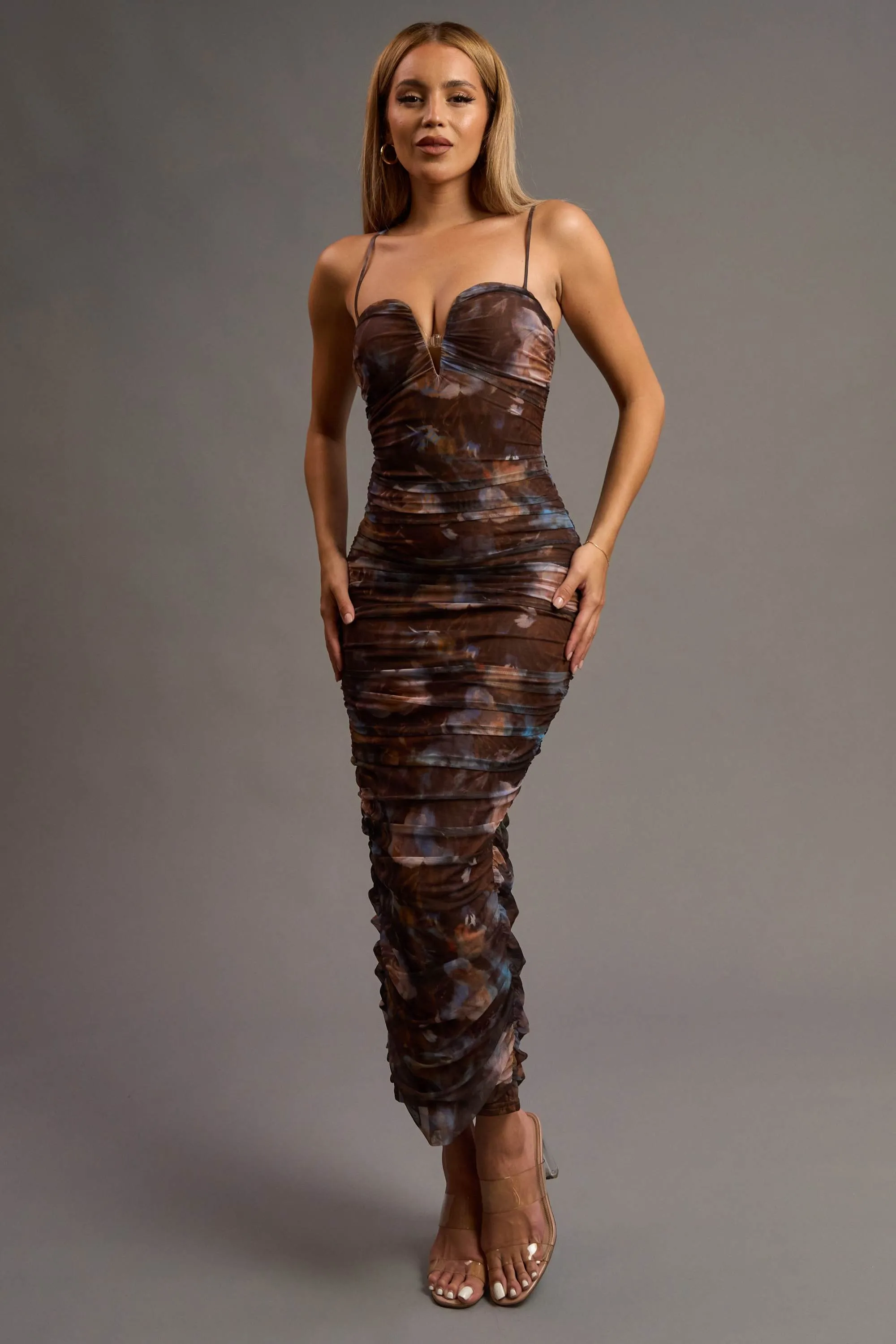 PD78097B / ROMANTIC FLORAL PRINT MESH SWEETHEART MIDI DRESS sold by privy