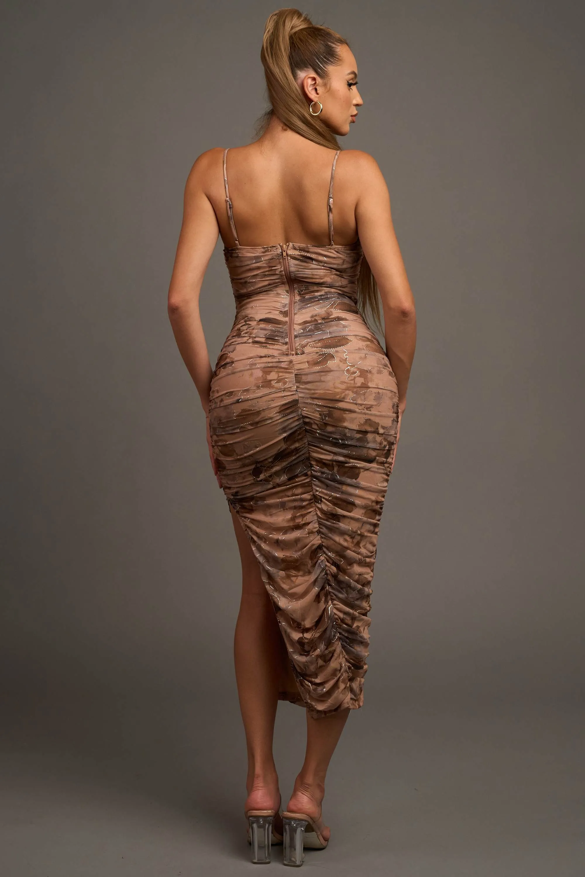 ROMANTIC FLORAL PRINT MESH FOIL RUCHED MIDI DRESS sold by privy product image thumbnail 4