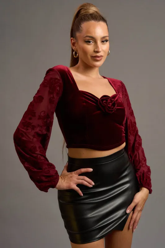 LUXE STRETCH VELVET ROSETTE CORSAGE PEASANT TOP sold by privy