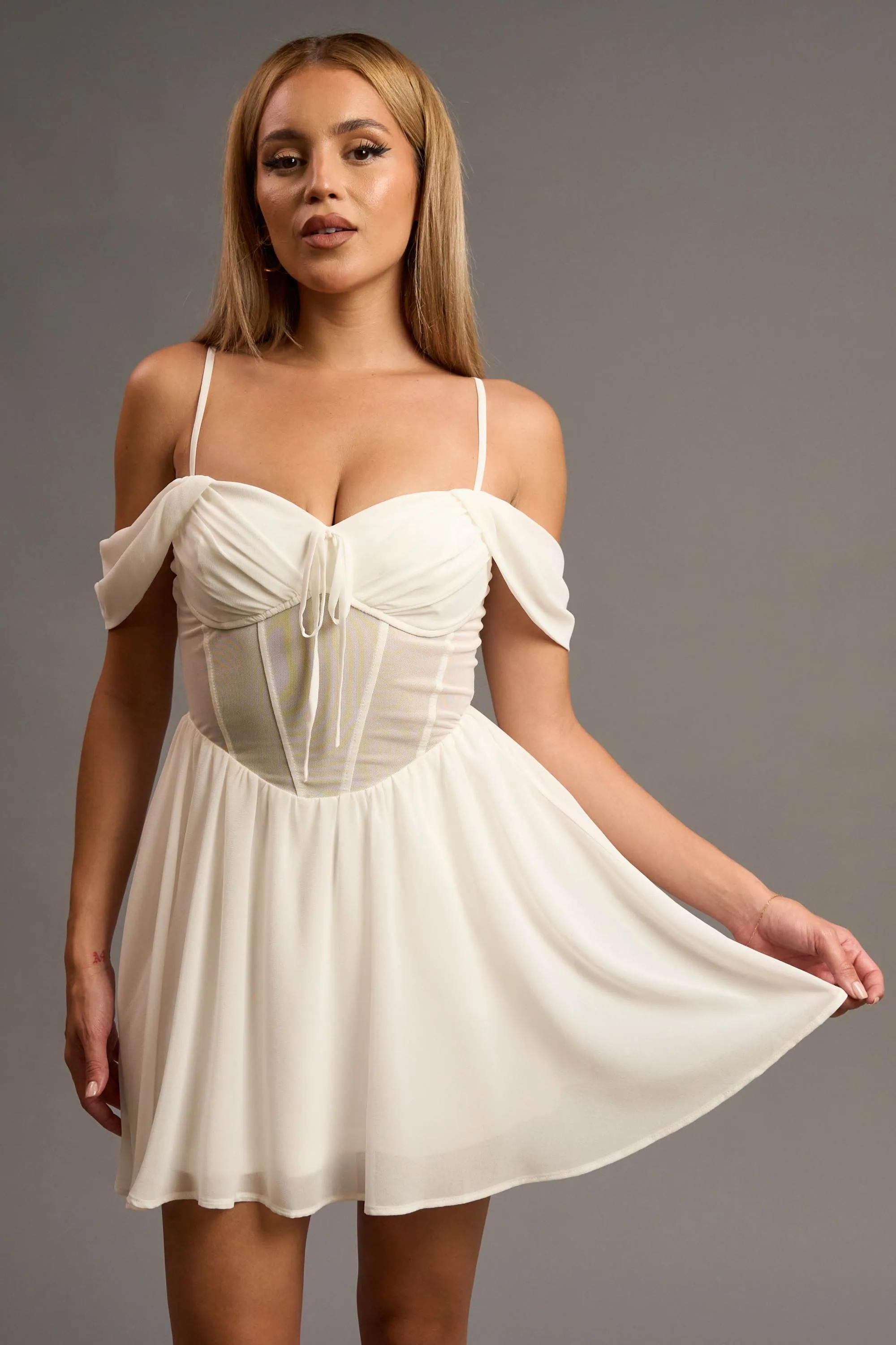 ROMANTIC CHELSEA CHIFFON & MESH SKATER MINI DRESS sold by privy