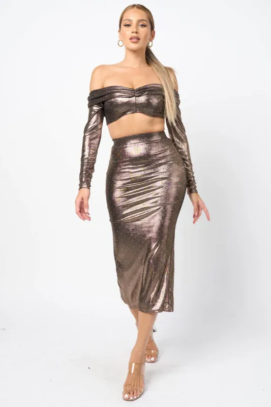 CHIC SHINY SLINKY RHINESTONES CROP TOP & SKIRT SET sold by privy
