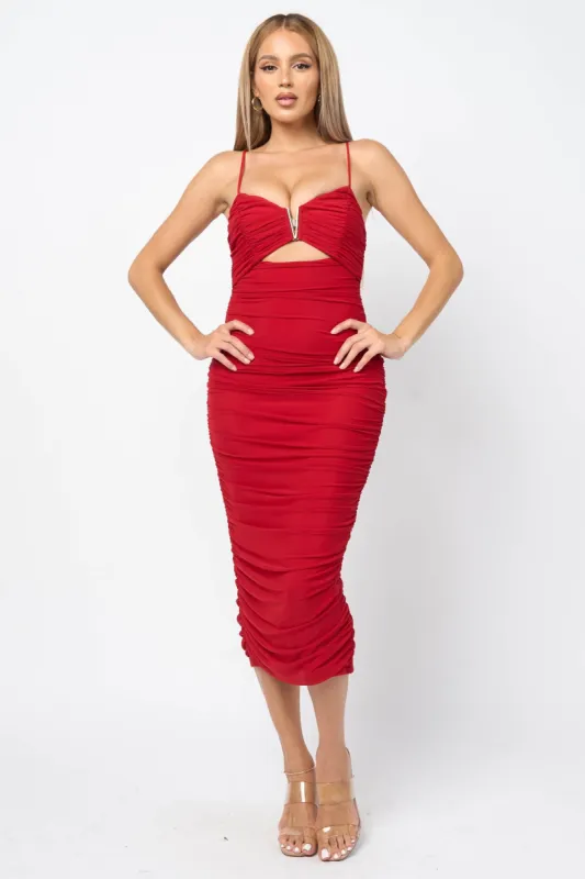 PD78014B-W / LUXE MESH GOLD METAL SWEETHEART RUCHED MIDI DRESS sold by privy