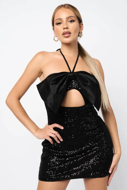 CHIC SEQUINS & METALLIC BIG BOW HALTER MINI DRESS sold by privy