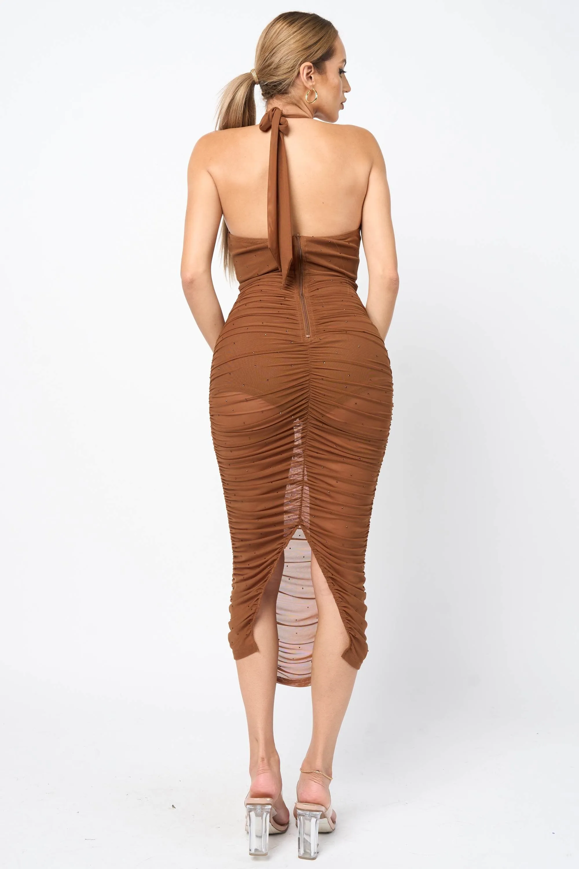 SEXY MESH & NYLON PONTE HOTFIX HALTER MIDI DRESS sold by privy product image thumbnail 4