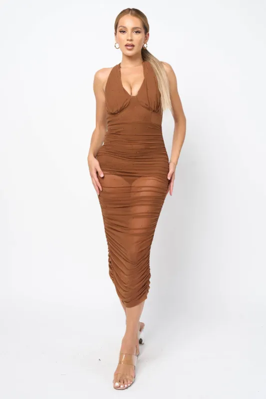 SEXY MESH & NYLON PONTE HOTFIX HALTER MIDI DRESS sold by privy