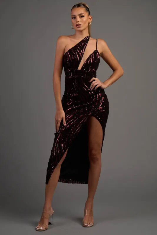 PD74907KST / LUXE WAVE SEQUINS ASYMMERTIC SHOULDER MIDI DRESS sold by privy