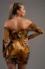 CHIC ABSTRACT PRINT MESH OFF SHOULDER MINI DRESS sold by privy