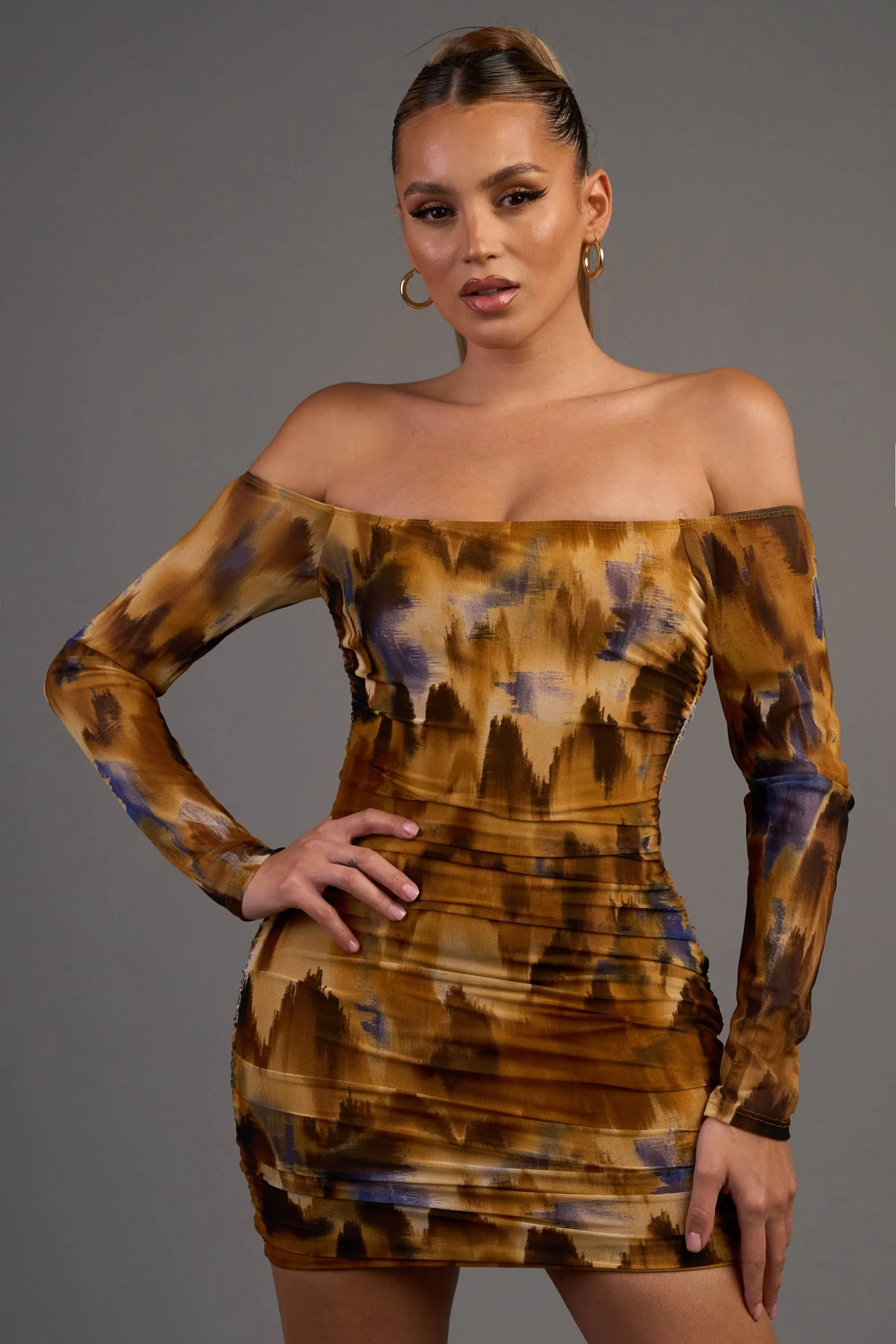 CHIC ABSTRACT PRINT MESH OFF SHOULDER MINI DRESS sold by privy