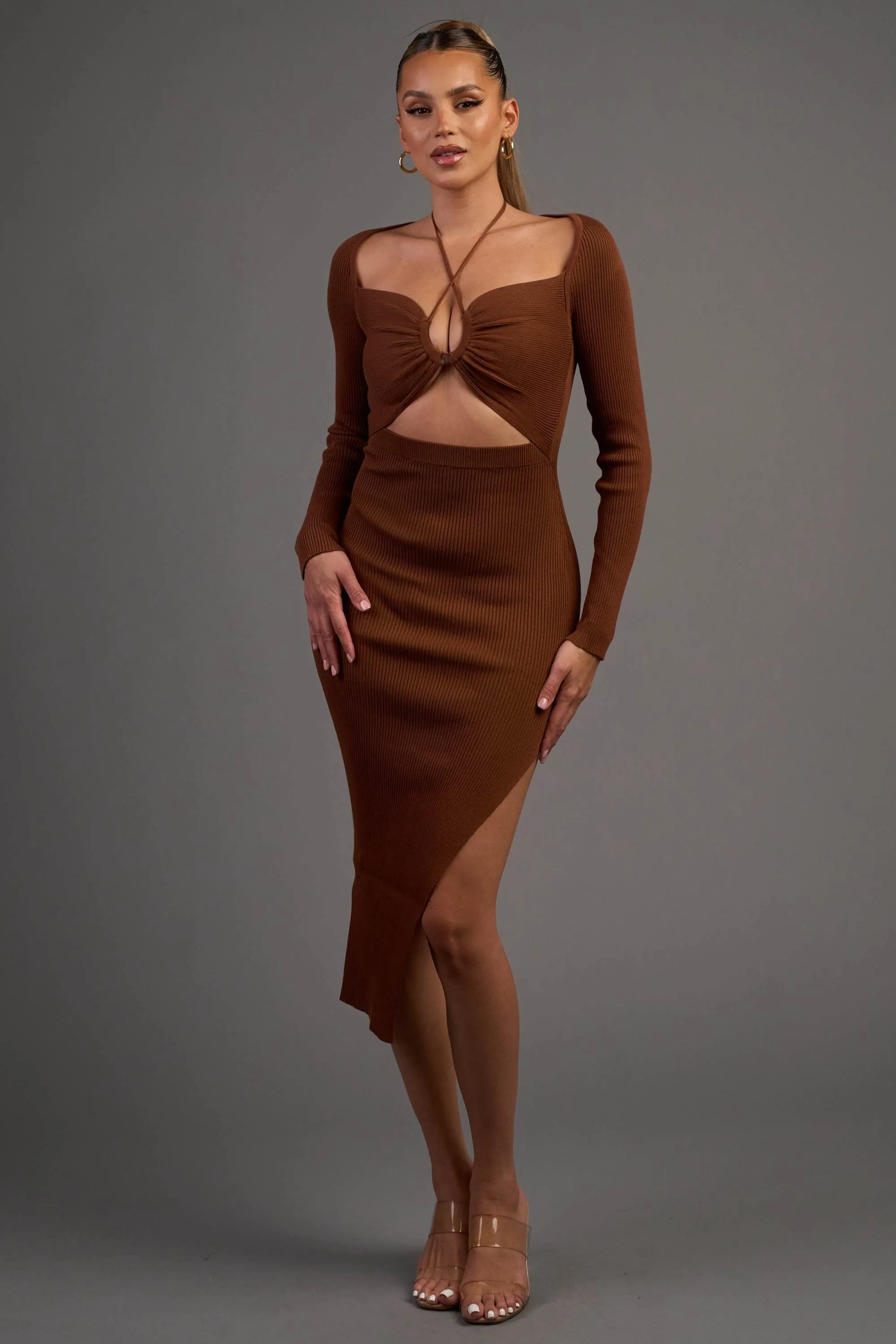 PD76813B-W / SWEATER RIB KNIT DRAWSTRING HALTER MIDI DRESS sold by privy product image thumbnail 4