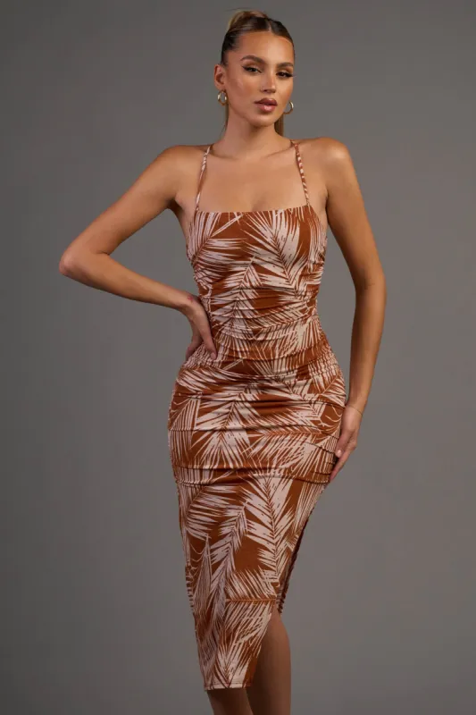 TROPICAL LEAF PRINT LACE BACK BODYCON MIDI DRESS sold by privy