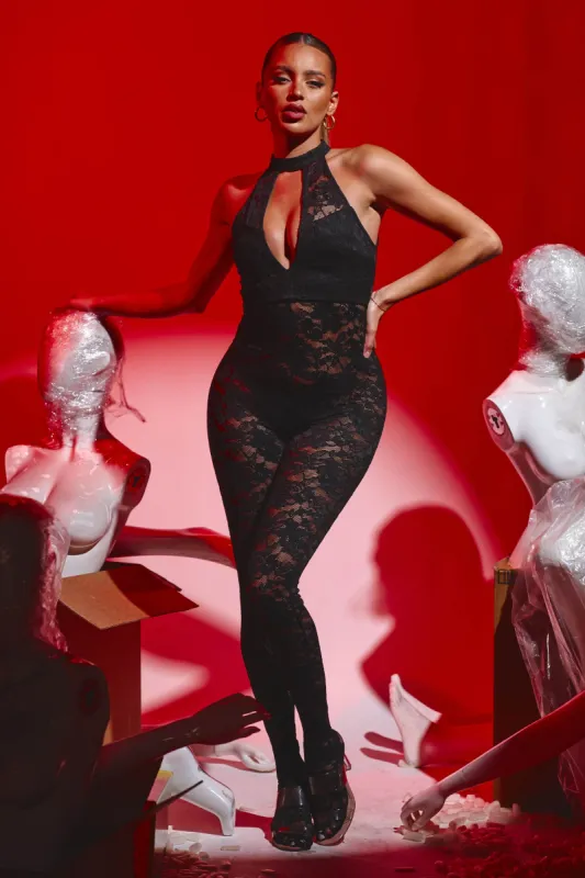 SEXY SEE-THRU LACE HALTER NECK BODYCON JUMPSUIT sold by privy